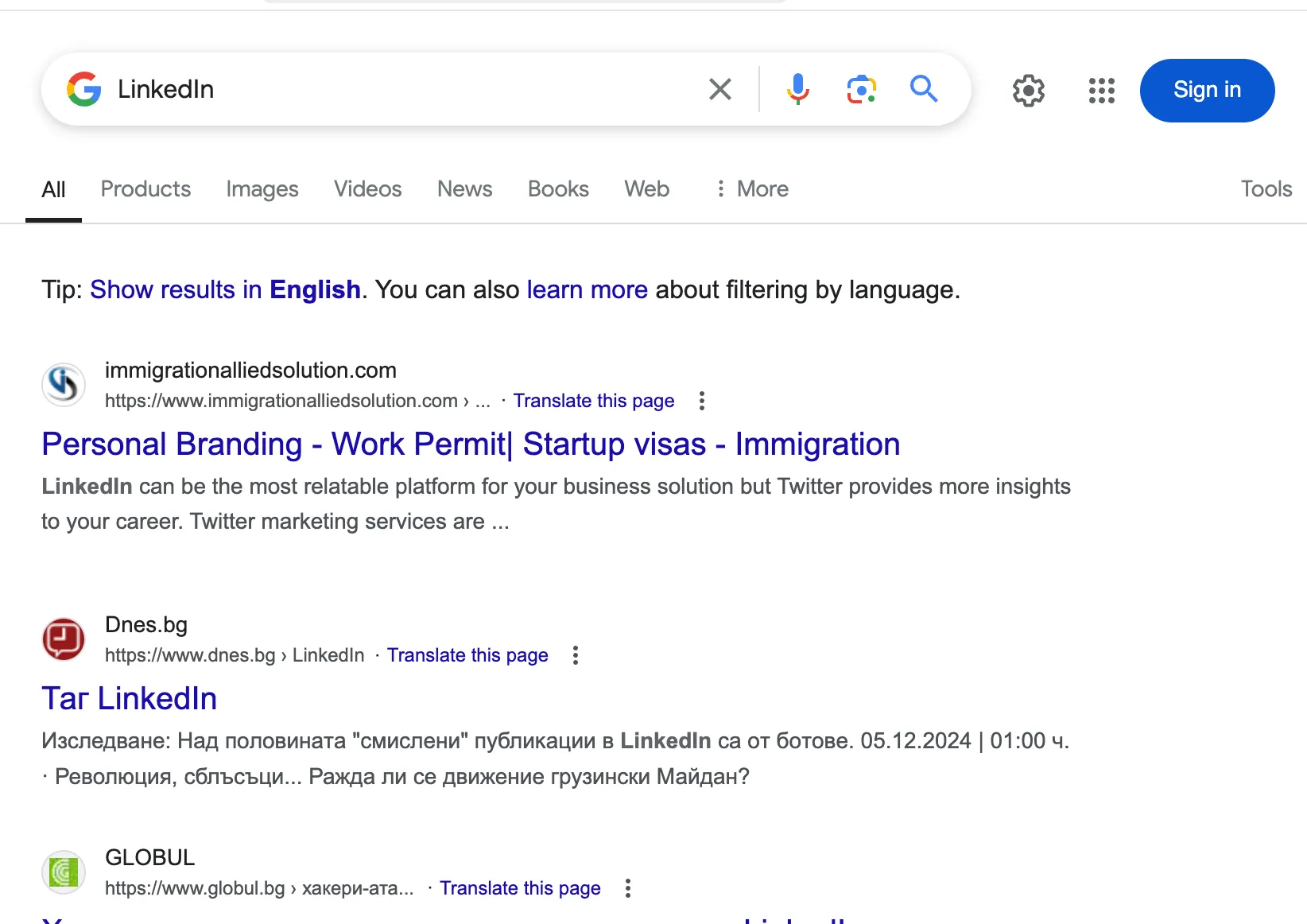 Google result for LinkedIn with special characters